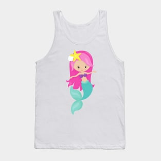 Cute Mermaid, Little Mermaid, Pink Hair, Starfish Tank Top